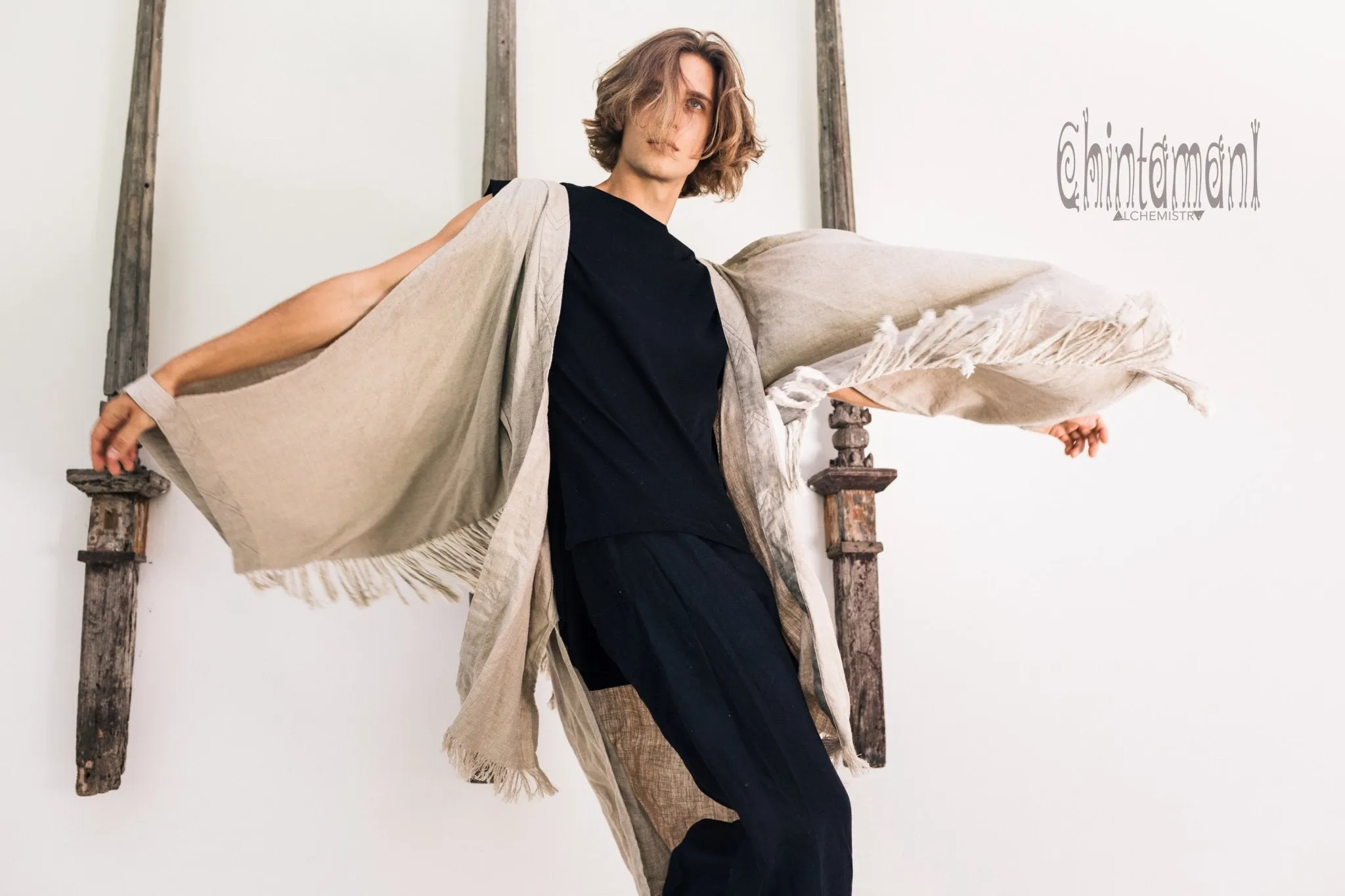 Linen Fringe Kimono Cardigan for Men / Gray