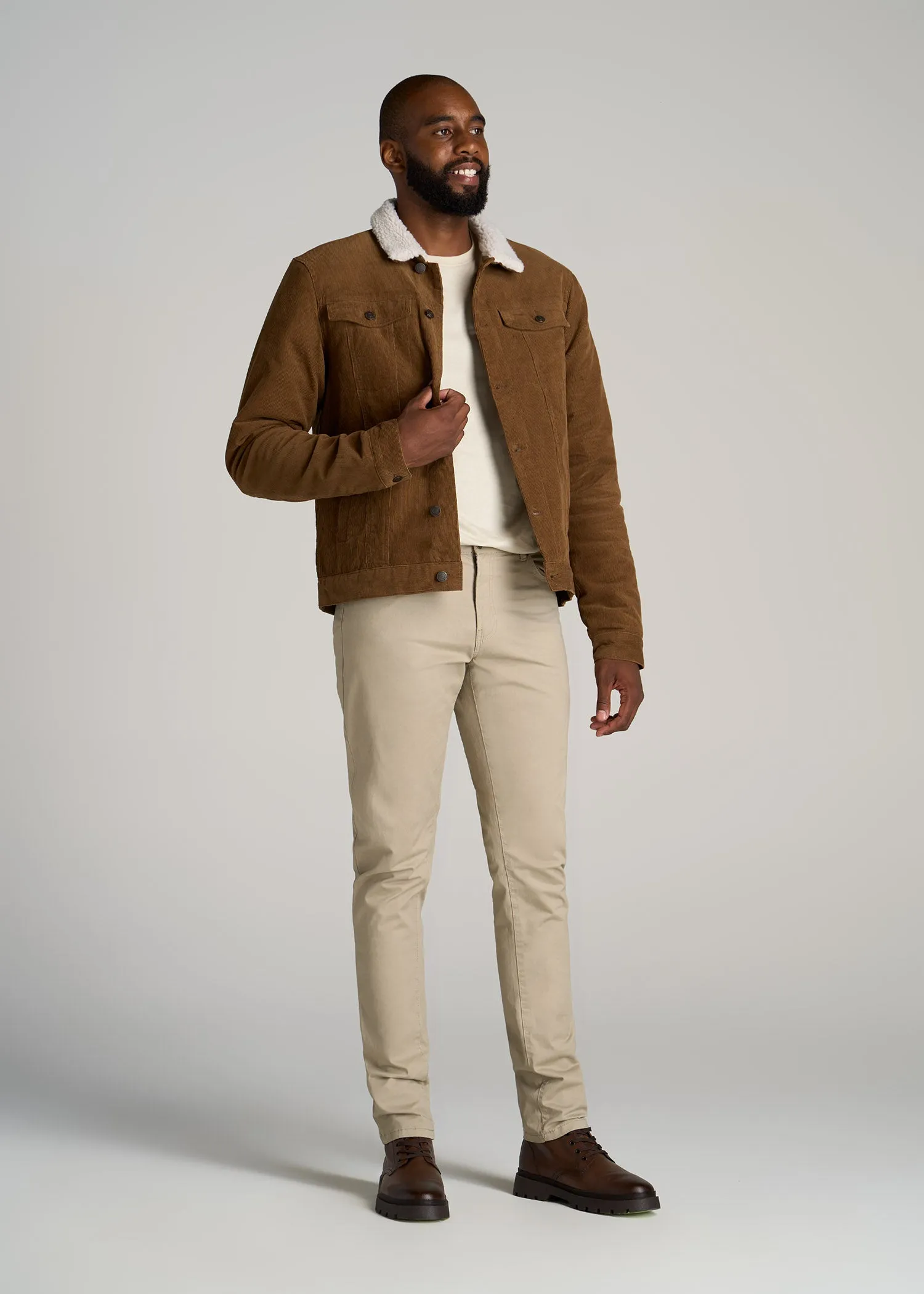 LJ&S Men's Sherpa Corduroy Tall Trucker Jacket in Tan Brown