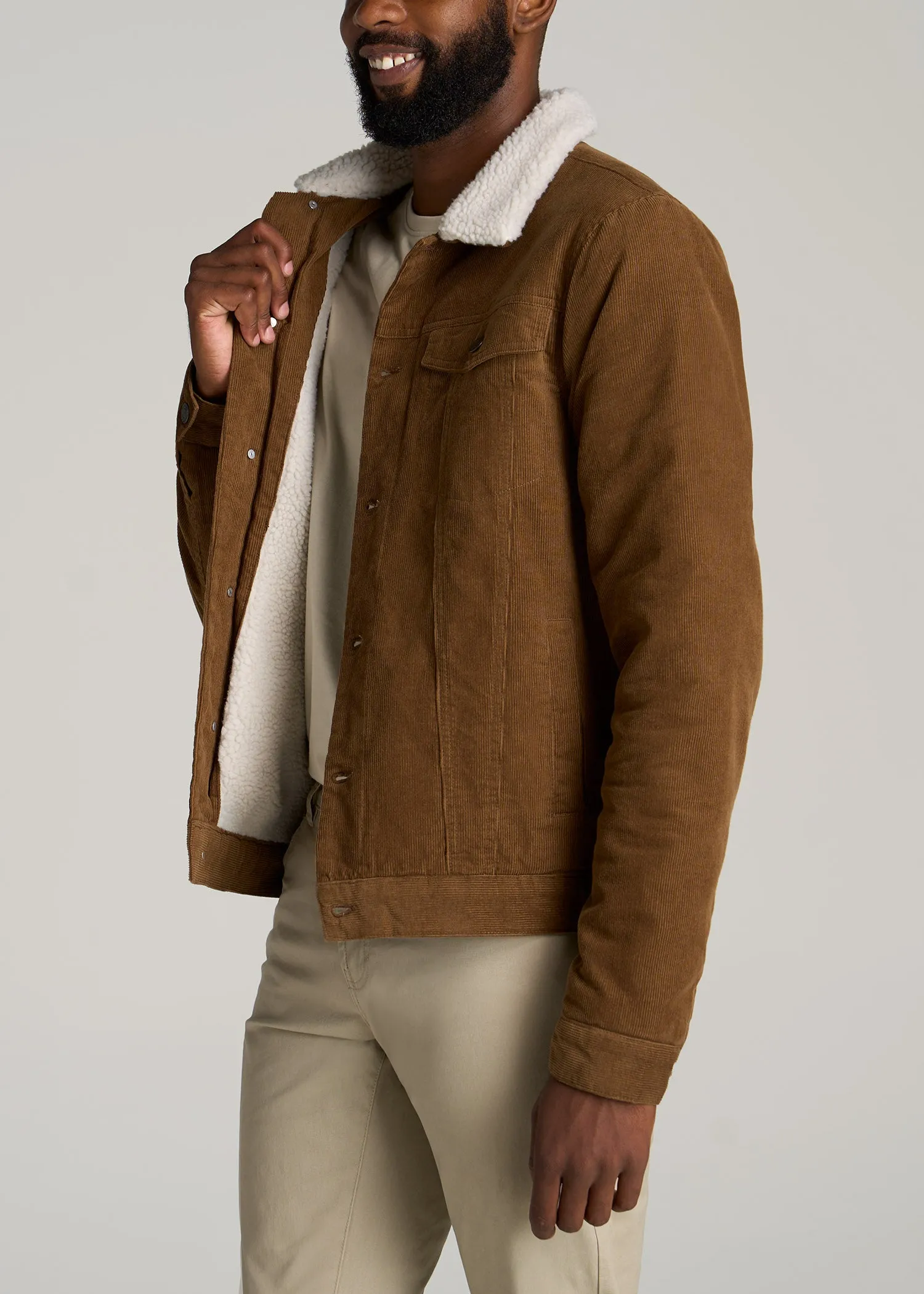 LJ&S Men's Sherpa Corduroy Tall Trucker Jacket in Tan Brown