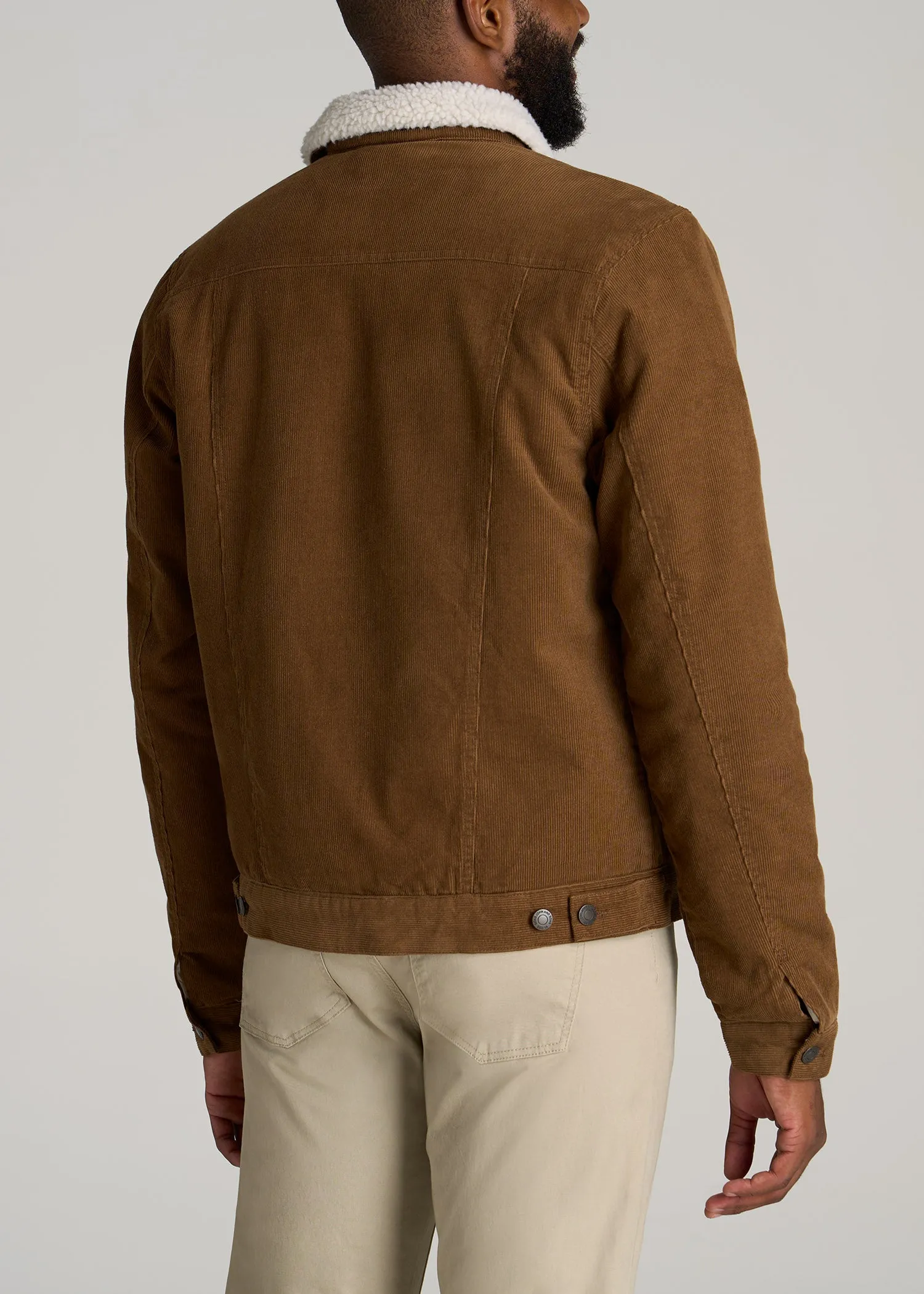 LJ&S Men's Sherpa Corduroy Tall Trucker Jacket in Tan Brown