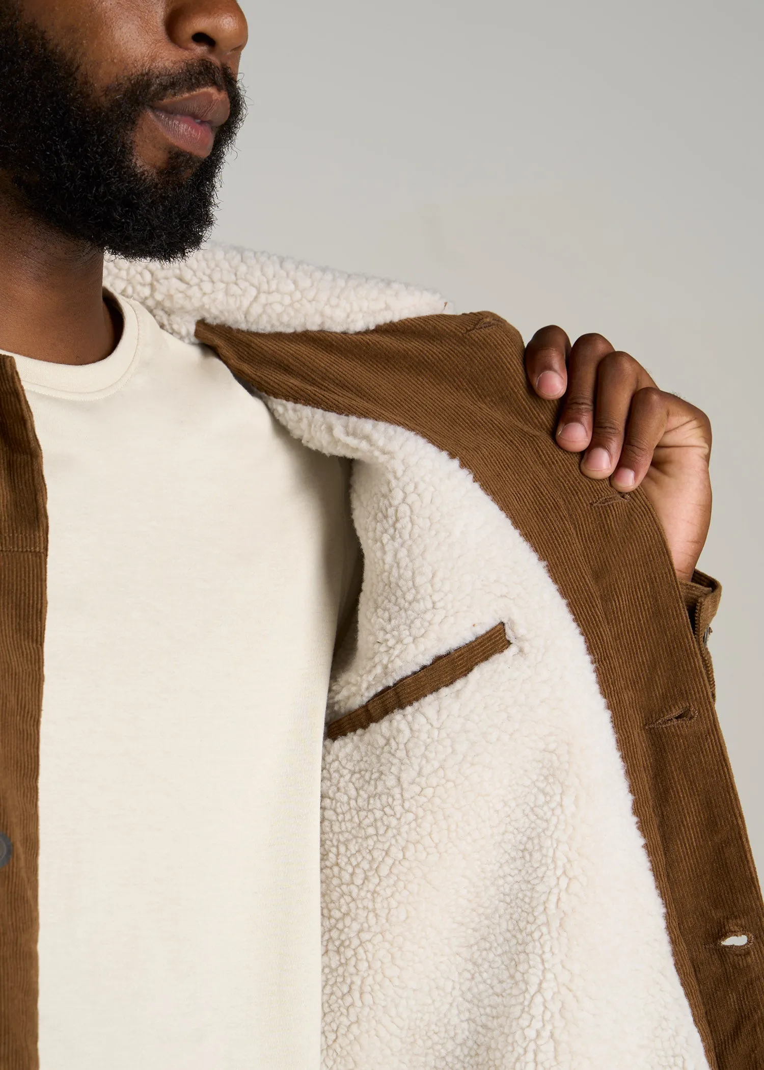 LJ&S Men's Sherpa Corduroy Tall Trucker Jacket in Tan Brown