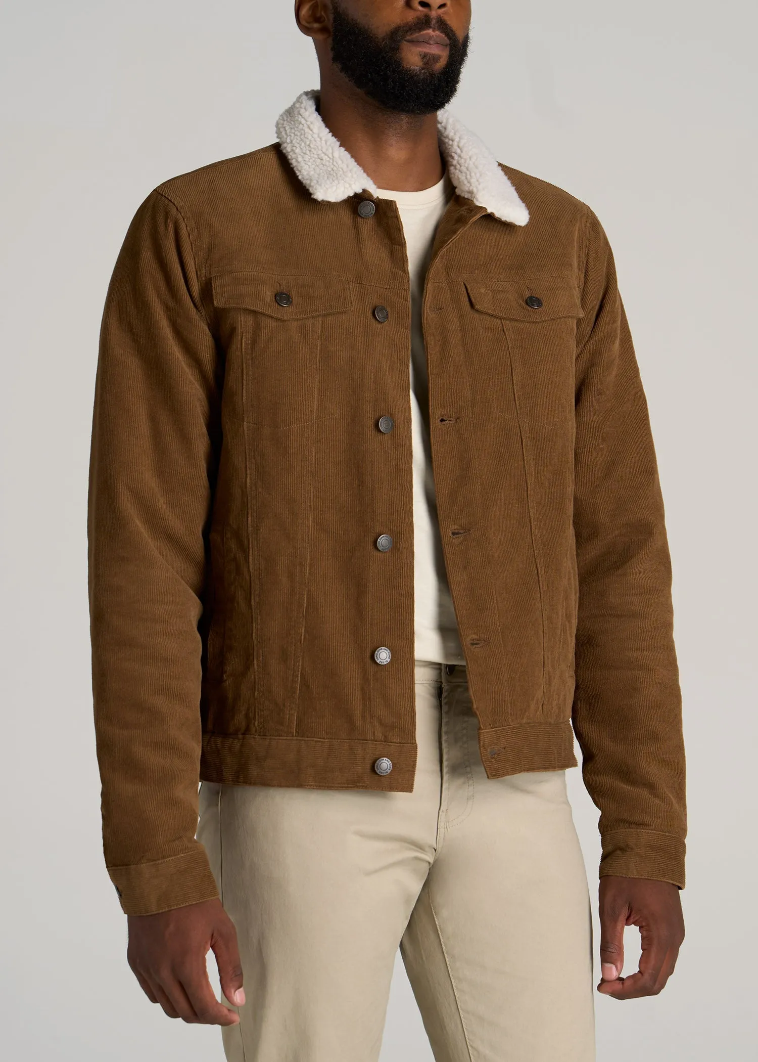 LJ&S Men's Sherpa Corduroy Tall Trucker Jacket in Tan Brown