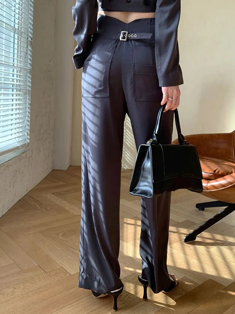 Minimalist Patchwork Button Trousers For Women High Waist Loose Wide Leg Pants Female Fashion Style Clothing