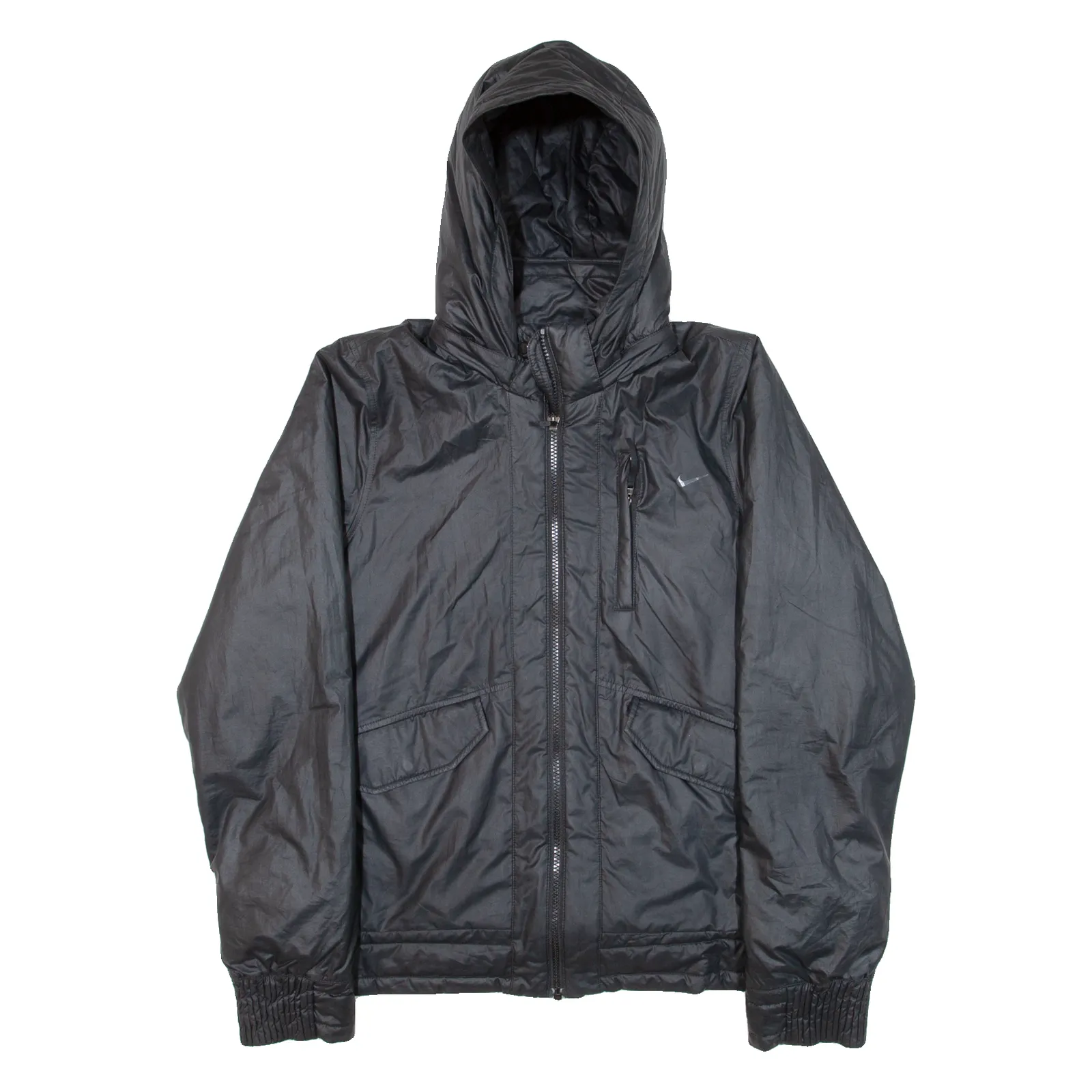 NIKE Quilted Lined Mens Coat Black Nylon Hooded L