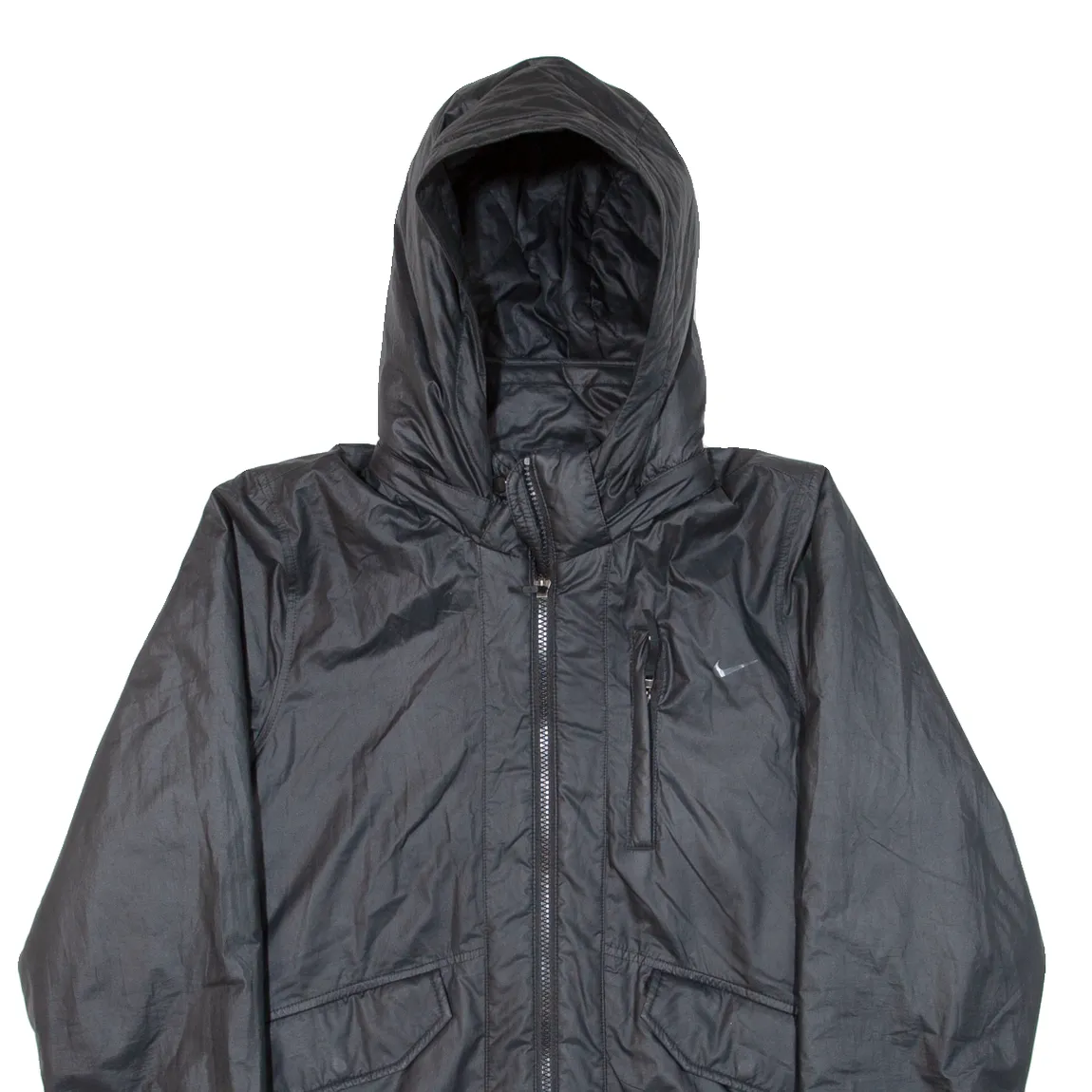NIKE Quilted Lined Mens Coat Black Nylon Hooded L
