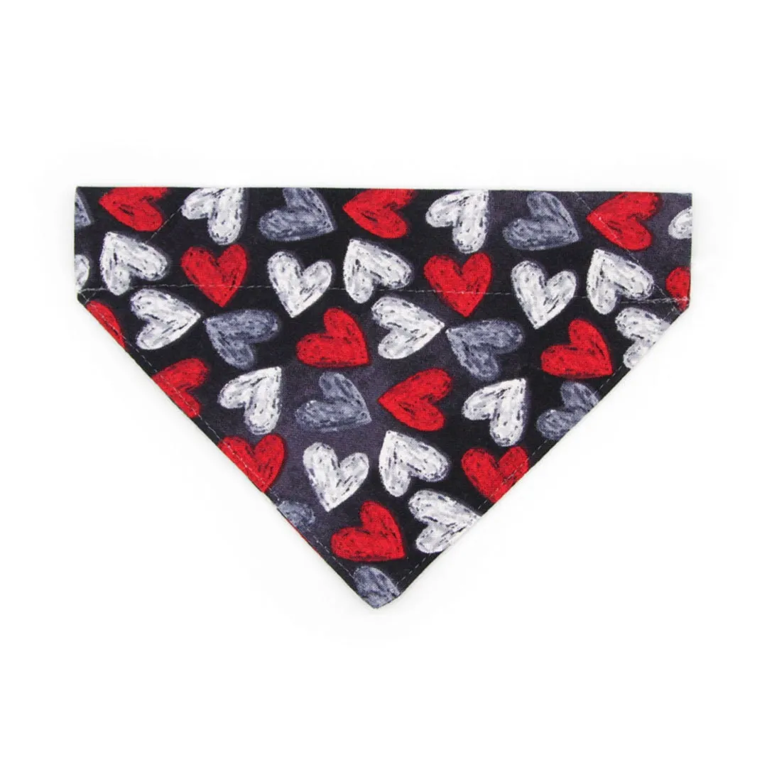 Pet Bandana - "Chalk It Up To Love" - Black, White & Red Heart Bandana for Cat   Small Dog / Valentine's Day / Slide-on Bandana / Over-the-Collar (One Size)