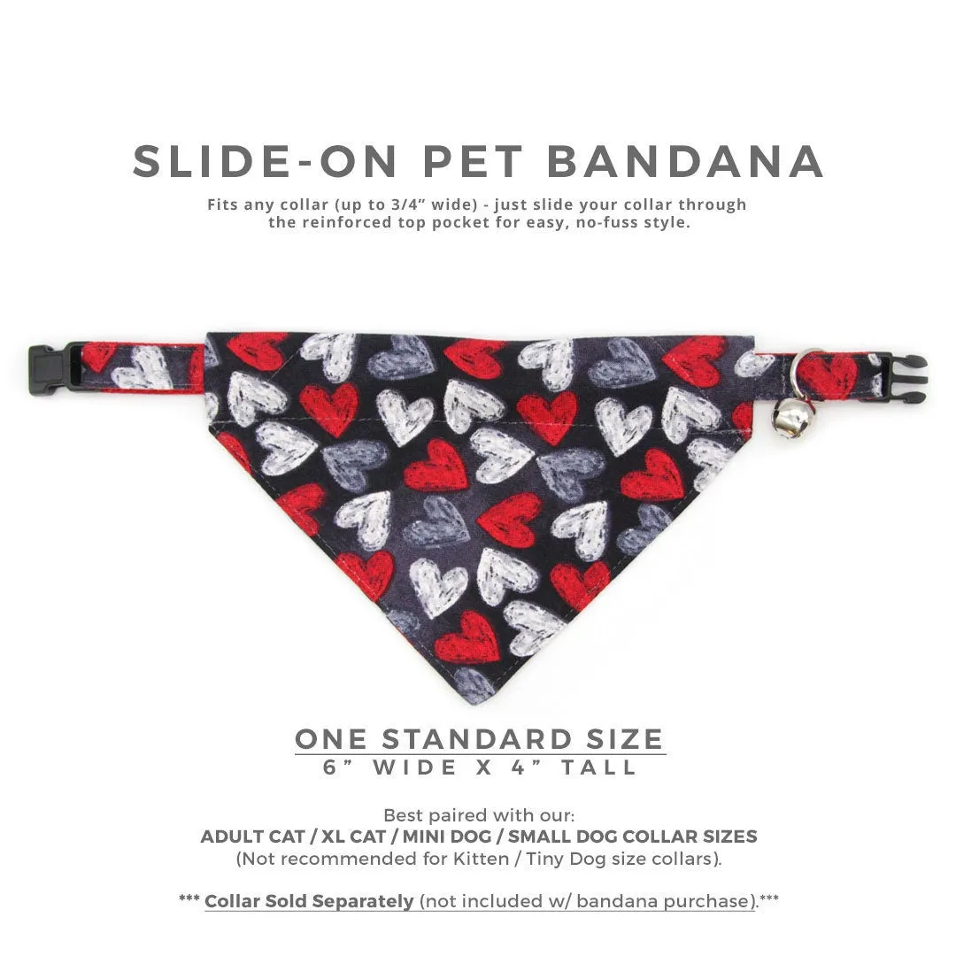 Pet Bandana - "Chalk It Up To Love" - Black, White & Red Heart Bandana for Cat   Small Dog / Valentine's Day / Slide-on Bandana / Over-the-Collar (One Size)