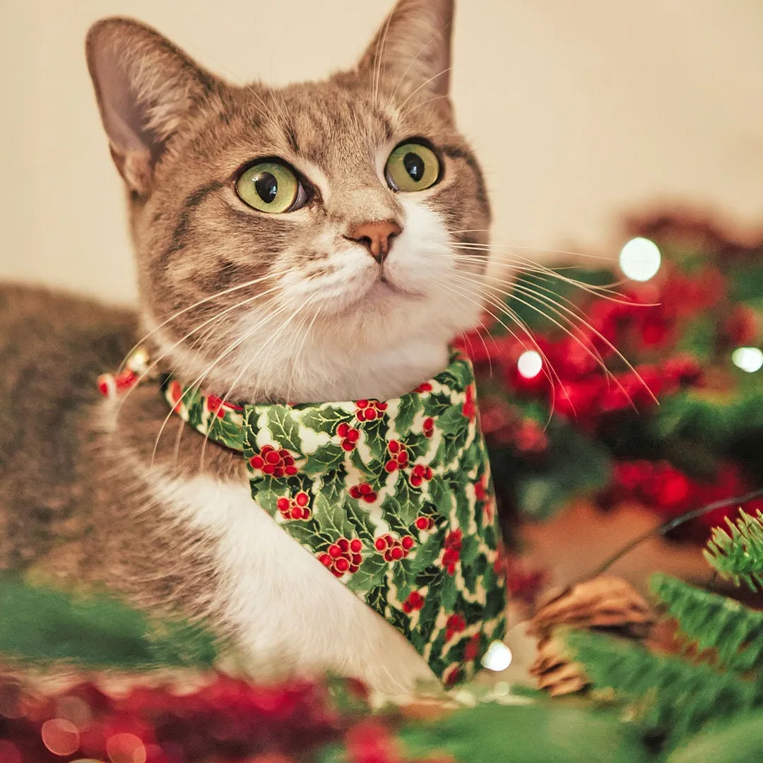 Pet Bandana - "Holiday Holly" - Christmas Red Berries & Green Bandana for Cat   Small Dog / Slide-on Bandana / Over-the-Collar (One Size)