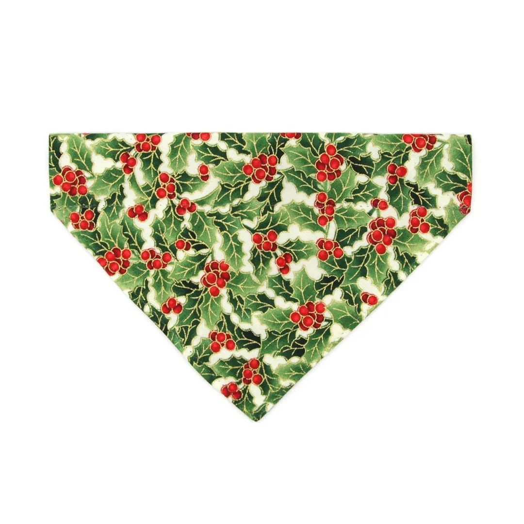 Pet Bandana - "Holiday Holly" - Christmas Red Berries & Green Bandana for Cat   Small Dog / Slide-on Bandana / Over-the-Collar (One Size)