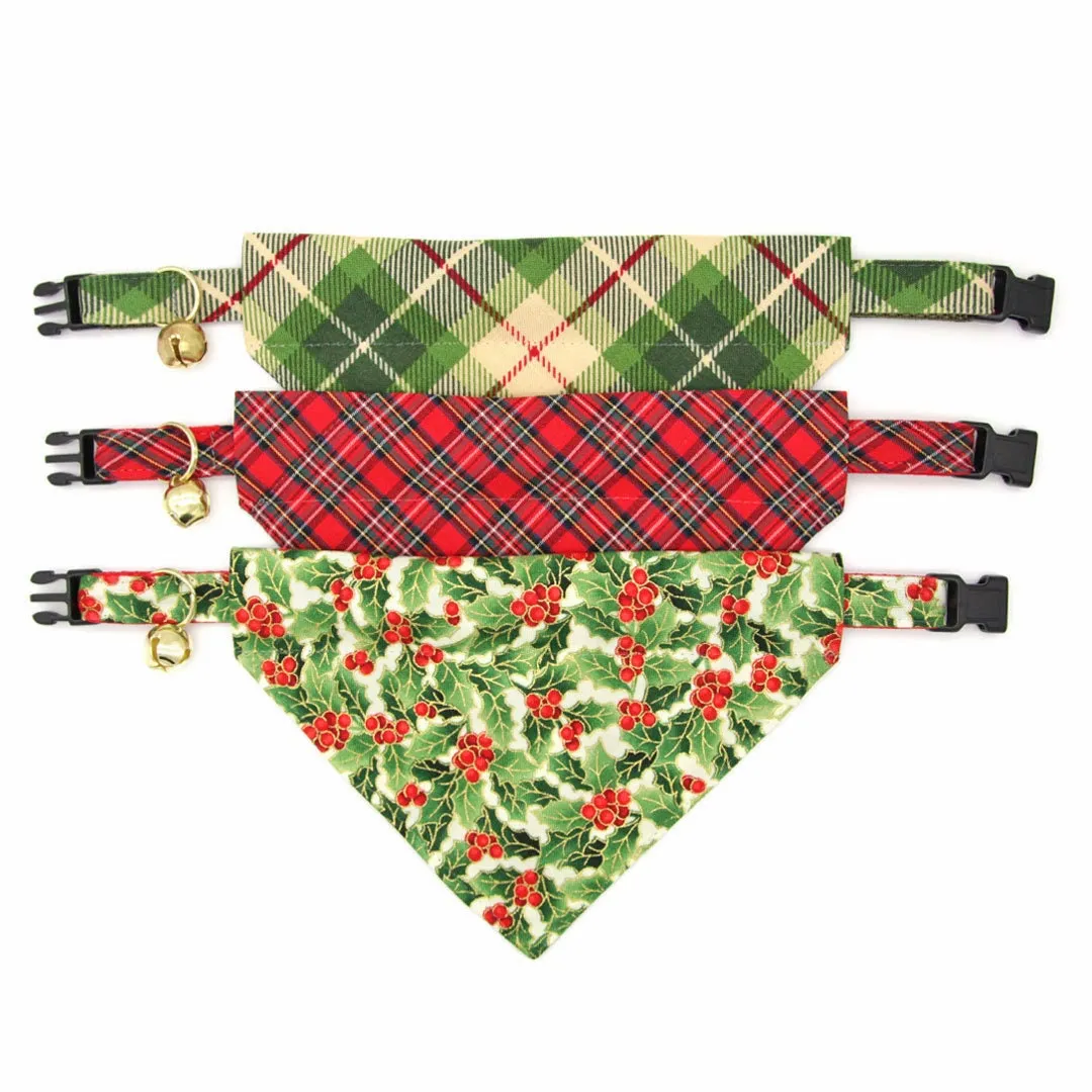 Pet Bandana - "Holiday Holly" - Christmas Red Berries & Green Bandana for Cat   Small Dog / Slide-on Bandana / Over-the-Collar (One Size)