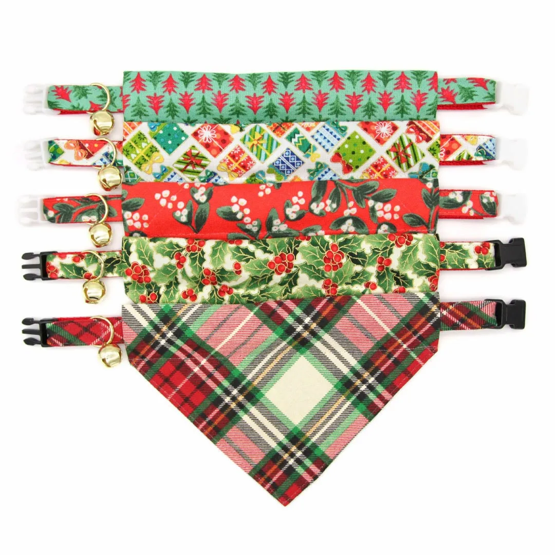 Pet Bandana - "Holiday Holly" - Christmas Red Berries & Green Bandana for Cat   Small Dog / Slide-on Bandana / Over-the-Collar (One Size)