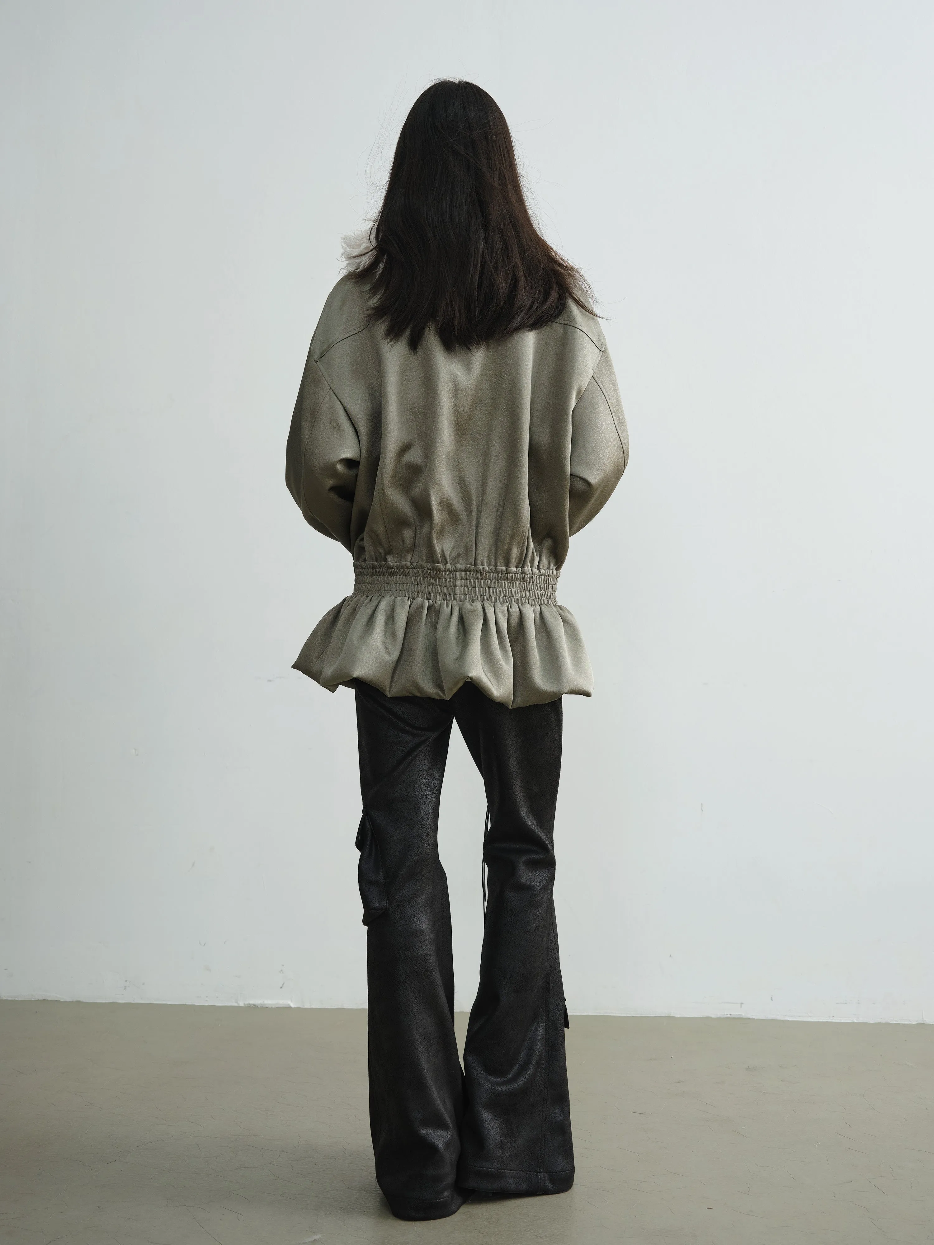 Ruffle Hem Gloss Quilted Fur Collar Jacket