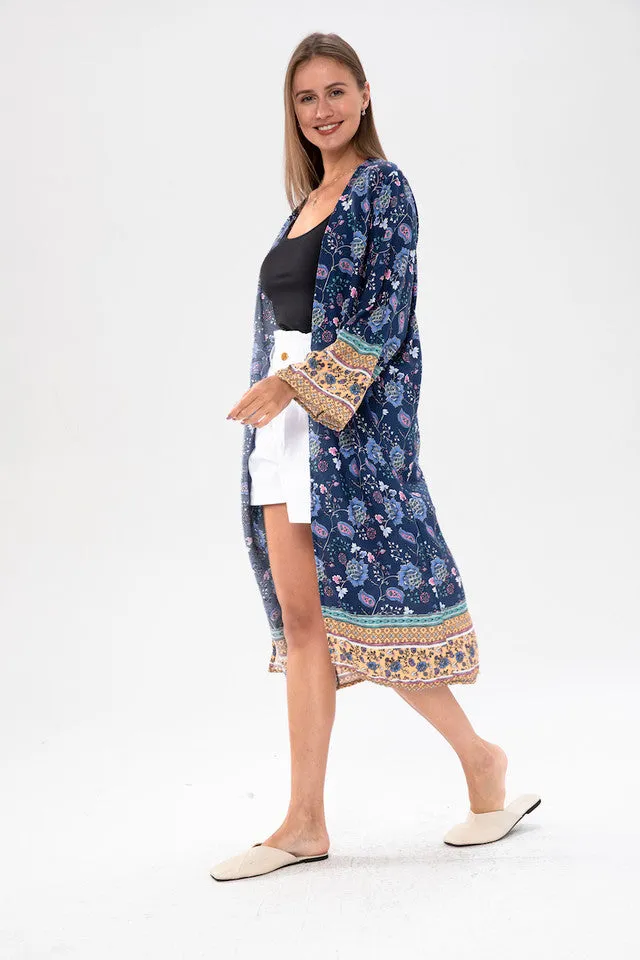 WOMEN'S NAVY KIMONO WITH FLORAL PRINT