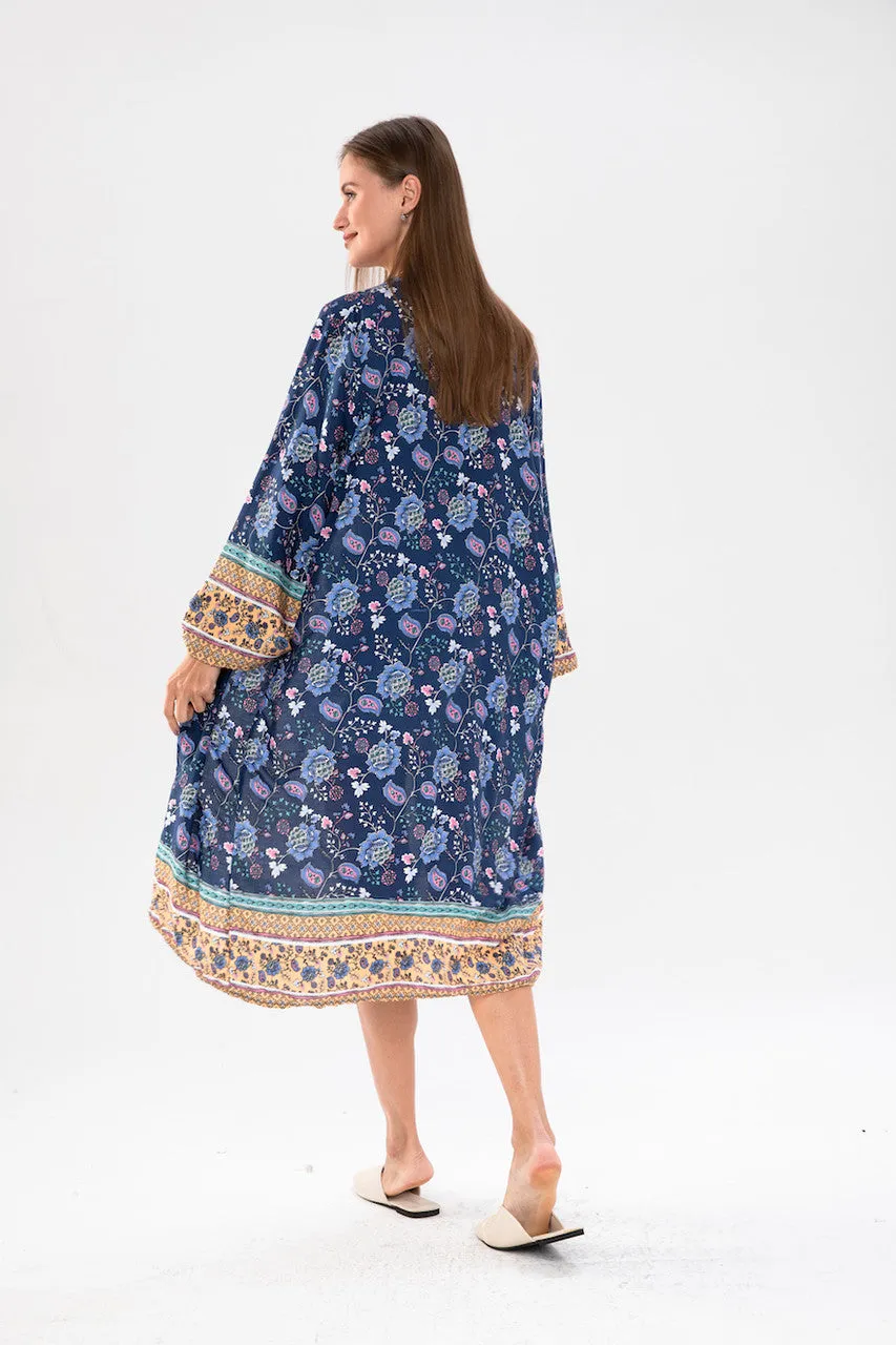 WOMEN'S NAVY KIMONO WITH FLORAL PRINT